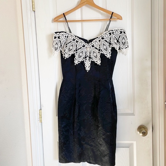 vintage scott mcclintock black brocade white lace off the shoulder dress - Picture 2 of 13